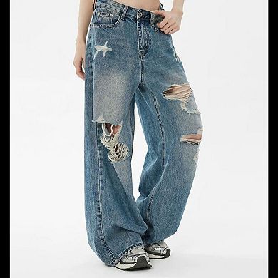 Women's Mid Rise Distressed Wide Leg Jeans, Vintage Washed Baggy Denim Pants