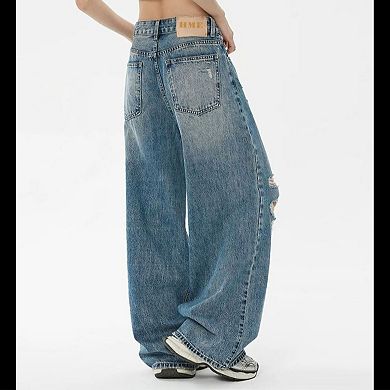 Women's Mid Rise Distressed Wide Leg Jeans, Vintage Washed Baggy Denim Pants