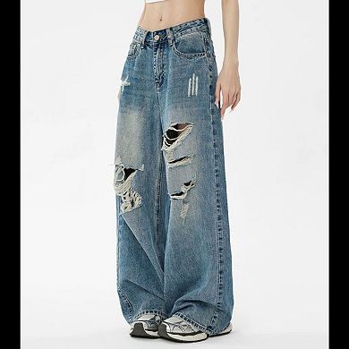 Women's Mid Rise Distressed Wide Leg Jeans, Vintage Washed Baggy Denim Pants