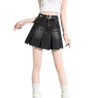 Women's High Waisted Raw Hem Pleated Denim Mini Skirt, Vintage Washed Jean Skirt