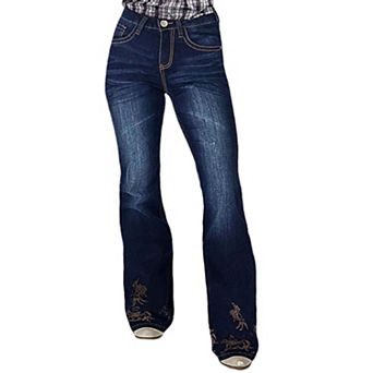 Women's Mid Rise Cowboy Embroidered Bootcut Jeans, Dark Wash Western Denim Pants