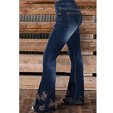 Women's Mid Rise Cowboy Embroidered Bootcut Jeans, Dark Wash Western Denim Pants
