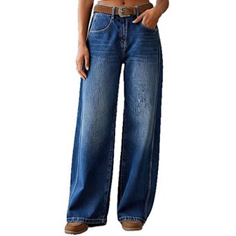 Women's Mid Rise Vintage Wash Wide Leg Jeans, High Waisted Baggy Denim Pants