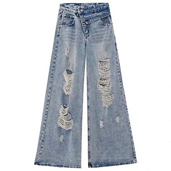 Women's High Waisted Distressed Wide Leg Jeans, Vintage Washed Baggy Denim Pants