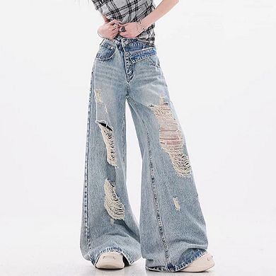 Women's High Waisted Distressed Wide Leg Jeans, Vintage Washed Baggy Denim Pants