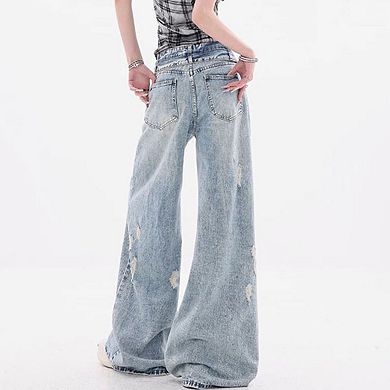 Women's High Waisted Distressed Wide Leg Jeans, Vintage Washed Baggy Denim Pants
