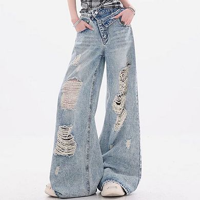 Women's High Waisted Distressed Wide Leg Jeans, Vintage Washed Baggy Denim Pants