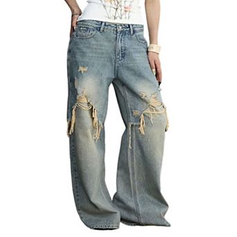 Women's Mid Rise Frayed Distressed Wide Leg Jeans, Vintage Washed Baggy Denim Pants