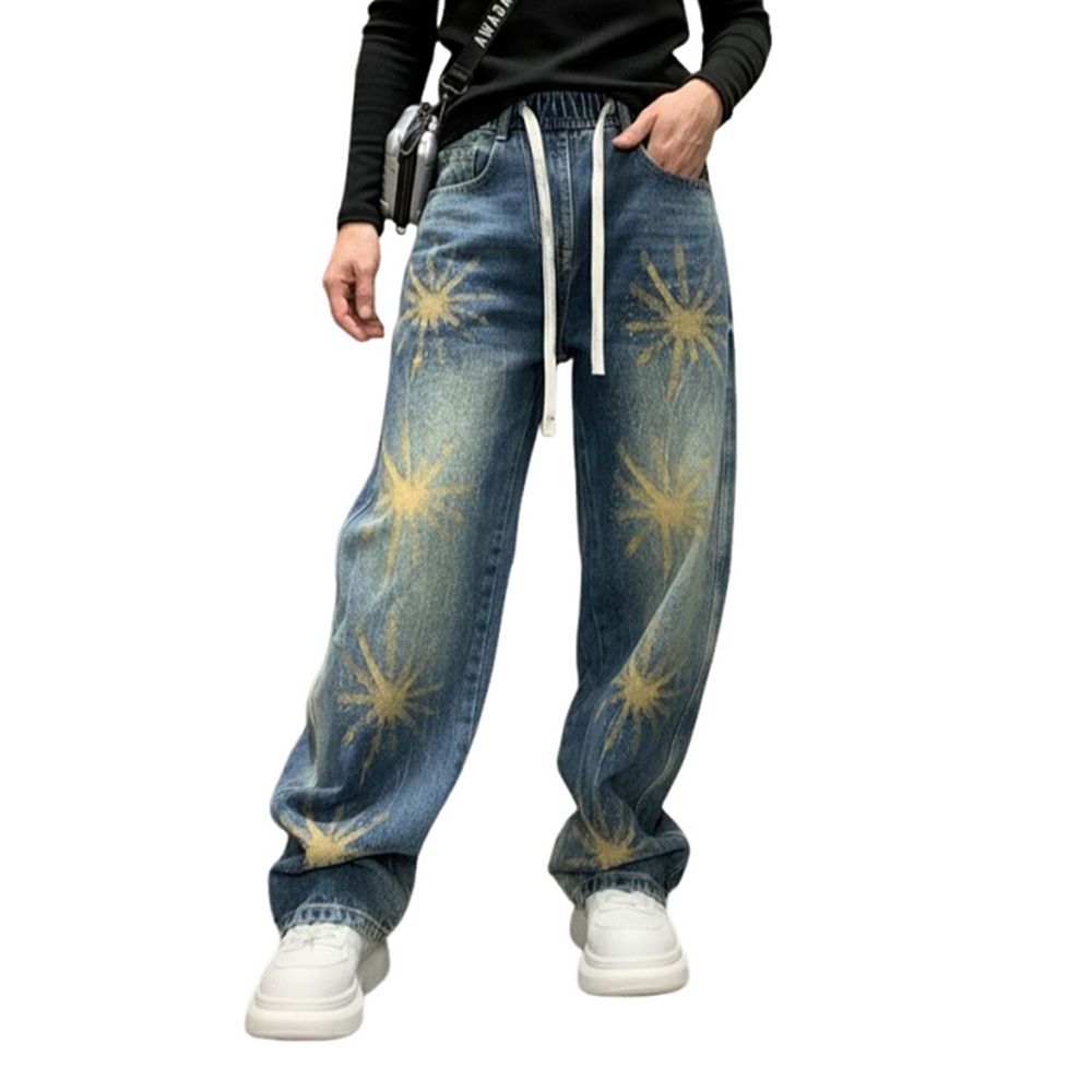 Women's High Waisted Sun Print Wide Leg Jeans, Elastic Waist Baggy