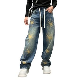 Women's High Waisted Sun Print Wide Leg Jeans, Elastic Waist Baggy Denim Pants