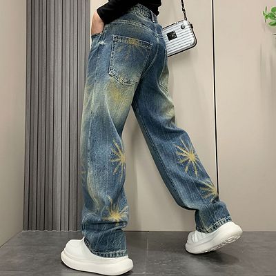 Women's High Waisted Sun Print Wide Leg Jeans, Elastic Waist Baggy