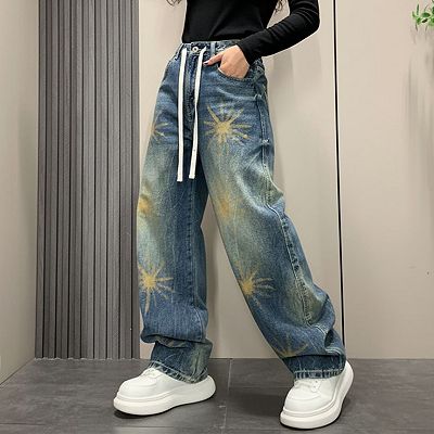 Women's High Waisted Sun Print Wide Leg Jeans, Elastic Waist Baggy