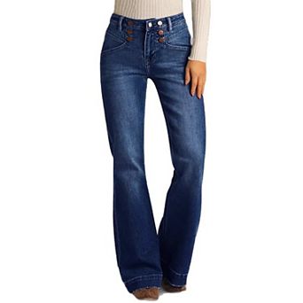 Women's High Waisted Multi-Button Flare Jeans, Dark Wash Western Denim Pants