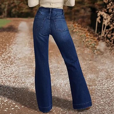 Women's High Waisted Multi-Button Flare Jeans, Dark Wash Western Denim Pants