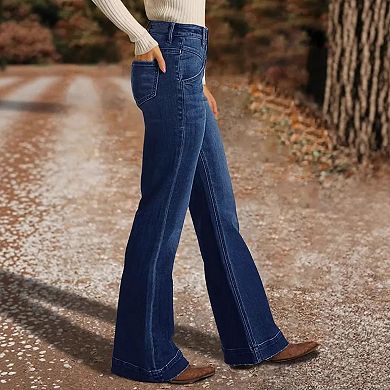 Women's High Waisted Multi-Button Flare Jeans, Dark Wash Western Denim Pants