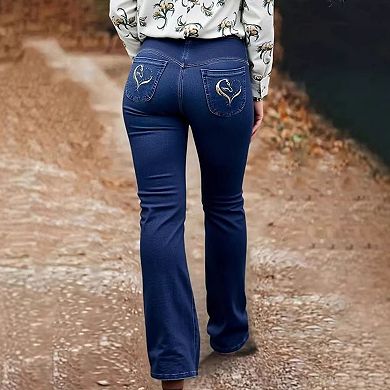 Women's High Waisted Swan Embroidered Flare Jeans, Dark Wash Stretch Denim Pants