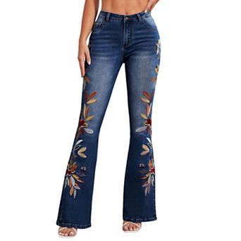 Women's High Waisted Floral Embroidered Flare Jeans, Dark Wash Western Denim Pants
