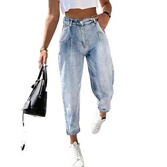 Women's High Waisted Light Wash Pleated Barrel Jeans, Loose Fit Denim Pants