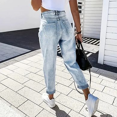 Women's High Waisted Light Wash Pleated Barrel Jeans, Loose Fit Denim Pants