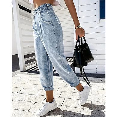 Women's High Waisted Light Wash Pleated Barrel Jeans, Loose Fit Denim Pants