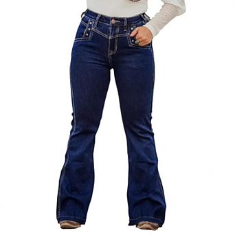 Women's High Waisted Western Rivet Flare Jeans, Dark Wash Denim Pants