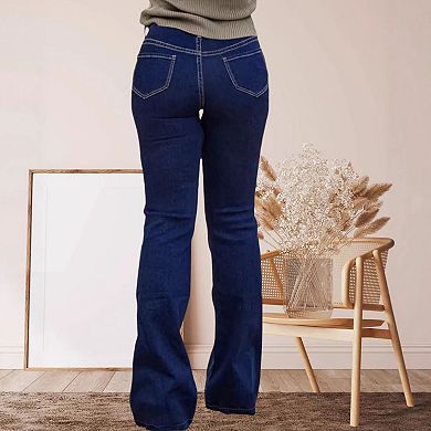 Women's High Waisted Western Rivet Flare Jeans, Dark Wash Denim Pants