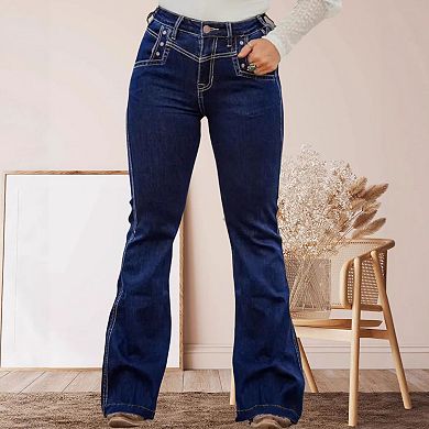 Women's High Waisted Western Rivet Flare Jeans, Dark Wash Denim Pants