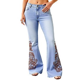 Women's High Waisted Western Embroidered Flare Jeans, Light Wash with Frayed Hem
