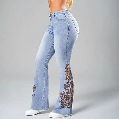 Women's High Waisted Western Embroidered Flare Jeans, Light Wash with Frayed Hem
