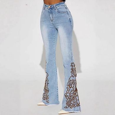 Women's High Waisted Western Embroidered Flare Jeans, Light Wash with Frayed Hem