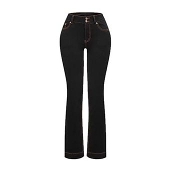 Women's High Waisted Fleece-Lined Flare Jeans, Black Denim Pants with Contrast Stitching