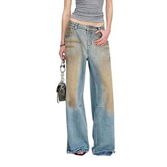 Women's Low-Rise Vintage Dirty Wash Baggy Wide Leg Jeans with Contrast Waistband
