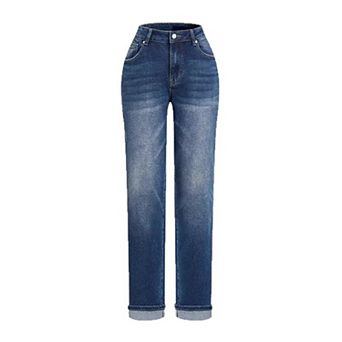 Women's High Waisted Rolled Cuff Boyfriend Jeans, Medium Wash with Subtle Distressing