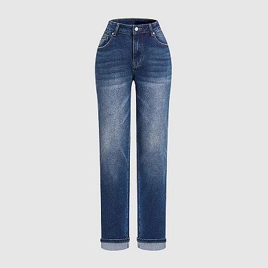 Women's High Waisted Rolled Cuff Boyfriend Jeans, Medium Wash with Subtle Distressing