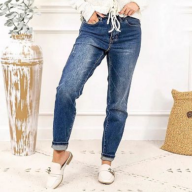 Women's High Waisted Rolled Cuff Boyfriend Jeans, Medium Wash with Subtle Distressing
