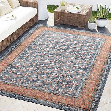 Abani Dalia DAL110A Coral Border Navy Floral Rug