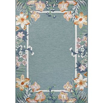 Abani Rugs SAK120A Sakura Teal Garden Floral Border Indoor/Outdoor Area Rug