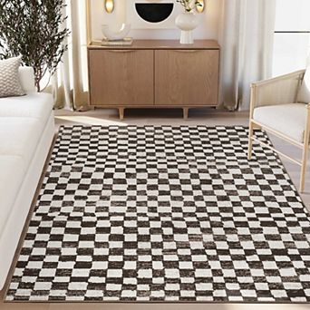 Abani Rugs Vivienne Collection VEN100A Washable Checkered Brown & Cream Area Rug