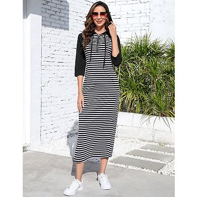 Women Casual Pocket Quarter-Zip Neck 3/4 Sleeve Slim Split Pullover Hoodie Maxi Dress