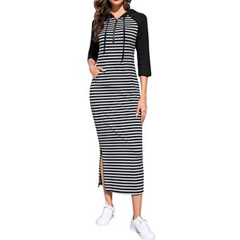 Women Casual Pocket Quarter-Zip Neck 3/4 Sleeve Slim Split Pullover Hoodie Maxi Dress