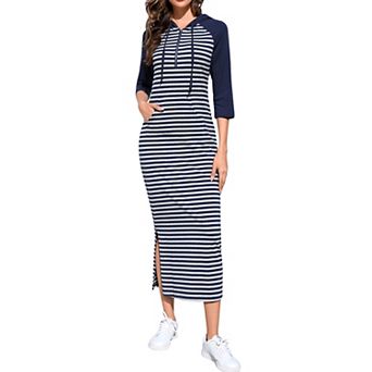 Women Casual Pocket Quarter-Zip Neck 3/4 Sleeve Slim Split Pullover Hoodie Maxi Dress