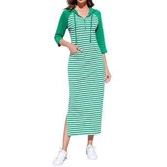 Women Casual Pocket Quarter-Zip Neck 3/4 Sleeve Slim Split Pullover Hoodie Maxi Dress