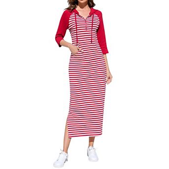 Women Casual Pocket Quarter-Zip Neck 3/4 Sleeve Slim Split Pullover Hoodie Maxi Dress