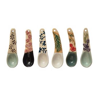 Hello Honey Hand-Painted Stoneware Spoon with Floral Design Handle, 6 Styles (Each One Will Vary)