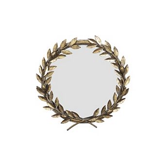 Hello Honey Round Metal Laurel Wreath Round Wall Mirror, Gold