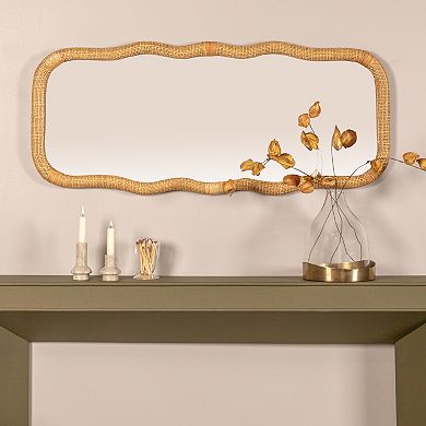 Hello Honey Wavy Rectangle Handwoven Rattan Cane Wall Mirror, Natural