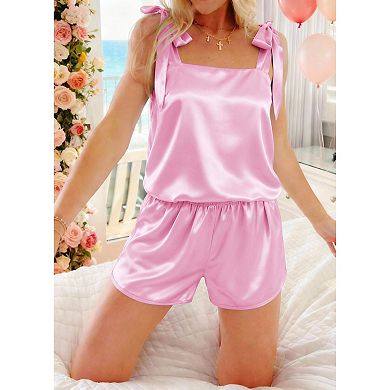 Ekouaer Womens Pajama Set Bride Pajamas Bow Tie Knot Top Satin Pjs Sets