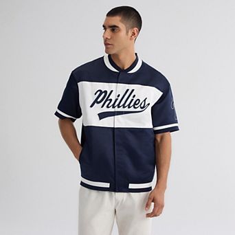 Men's Fanatics Athletic Navy Philadelphia Phillies Iconic Full-Snap Short Sleeve Satin Warm-Up