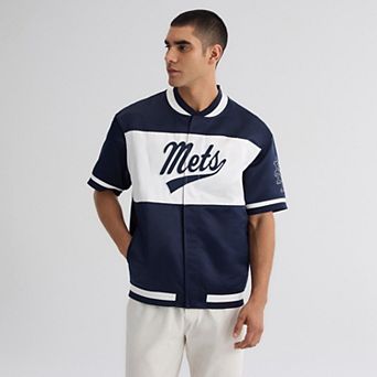 Men's Fanatics Athletic Navy New York Mets Iconic Full-Snap Short Sleeve Satin Warm-Up