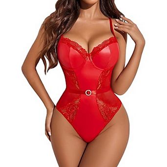 Avidlove Women One Piece Lingerie Lace Bodysuit Leather Lingerie Snap Crotch Teddy
